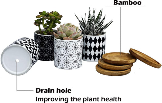 Succulent  Pots,Planter Pots Geometry Pots for  Flower Pots Indoor&Outdoor Ceramic  Pots for Cactus with Drain Hole and Bamboo Tray Set of 4