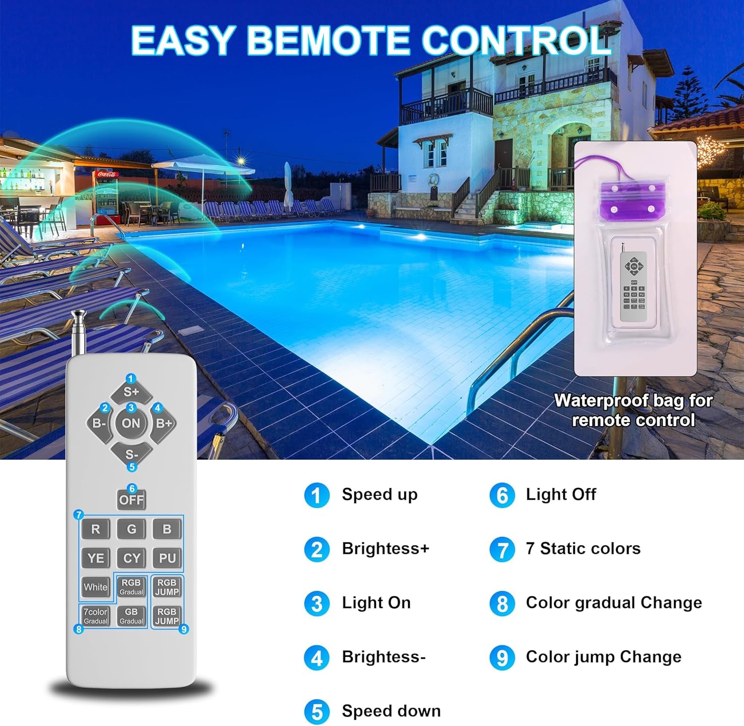 RGBW Pool Light Bulb for Inground Pools – 90W LED Swimming Pool Lights Bulb with 12 Color Modes, Adjustable Brightness & Speed, Remote Control, Energy Efficient, E26 Base