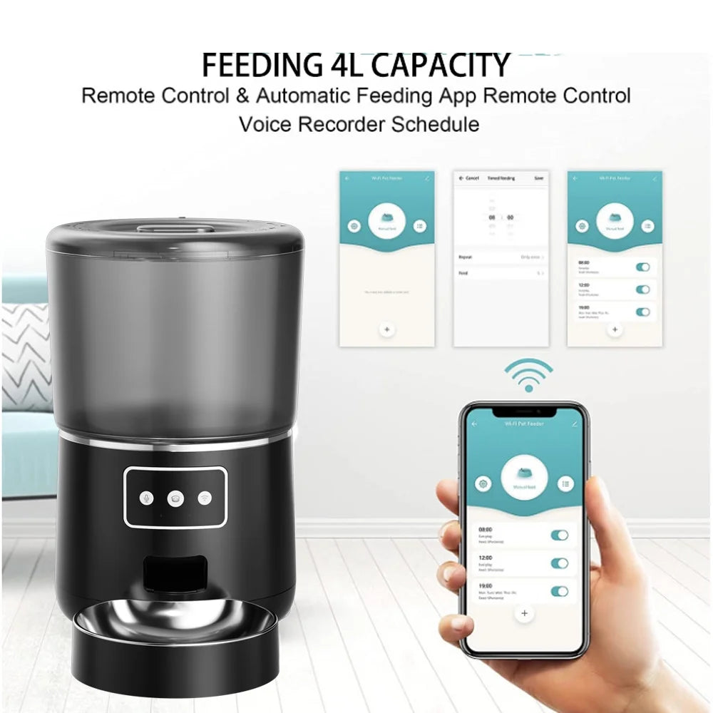 Wifi Pet Feeder Automatic Smart Dog Cat Dry  Dispenser Feeding Bowl 4L Black