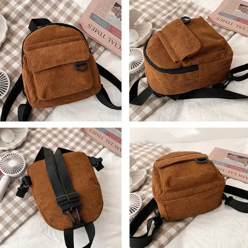 Minimalist and Versatile Striped Velvet Mini Backpack Students and Women for Leisure