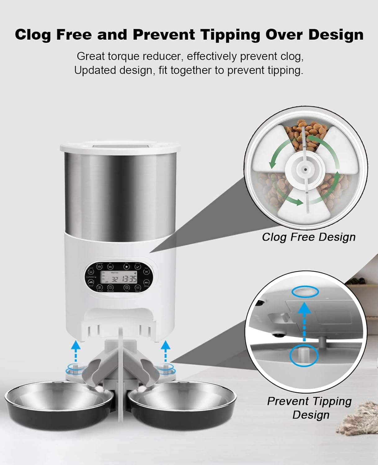 Automatic Cat Feeders, 304 Stainless Steel Timed Cat  Dispenser for 2 Cats & Small Dog, 4.5L Pet Feeder with 2-Way Splitter, 1-4 Meals Portion Control,10S Voice Recorder, Dual Power Supply