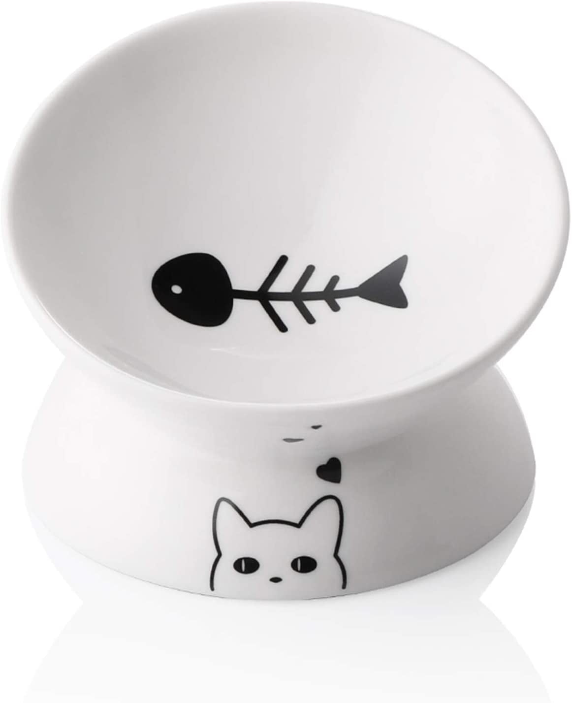 Ceramic Raised Cat Bowls, Slanted Cat Dish  or Water Bowls, Elevated Porcelain Pet Feeder Bowl Protect Cat'S Spine, Stress Free, Backflow Prevention (White)