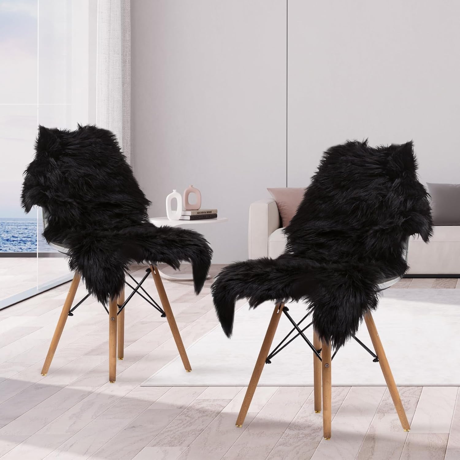 Faux Sheepskin Fur Area Rug Black, 2X3 Feet, 2 Pack, Fluffy Soft Fuzzy Plush Shaggy Carpet Throw Rug for Indoor Floor, Sofa, Chair, Bedroom, Living Room, Home Decoration