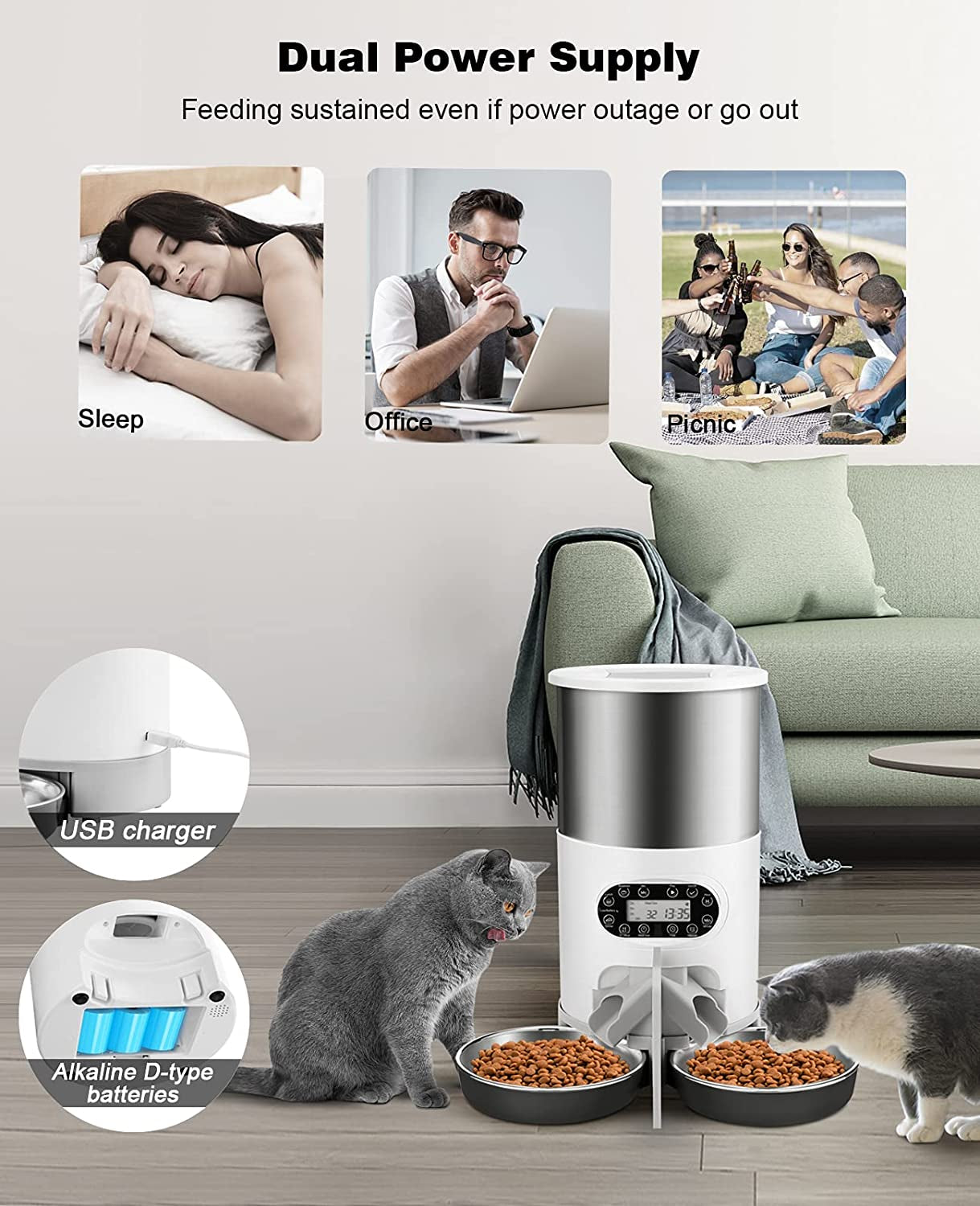 Automatic Cat Feeders, 304 Stainless Steel Timed Cat  Dispenser for 2 Cats & Small Dog, 4.5L Pet Feeder with 2-Way Splitter, 1-4 Meals Portion Control,10S Voice Recorder, Dual Power Supply