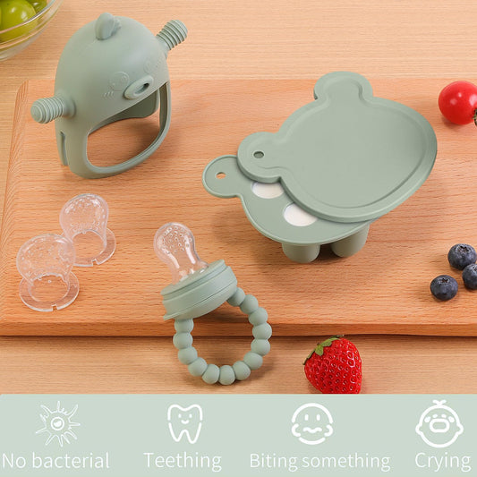 Baby Fruit  Feeder Breastmilk Popsicle Molds for Teething Relief - 3 Pack Feeding Sets - 1 Freezer Tray with Lid & 1 Teether Toy & 1 Silicone Pacifier + 3 Extra Sizes Infant Feed Mesh (Pea Green)