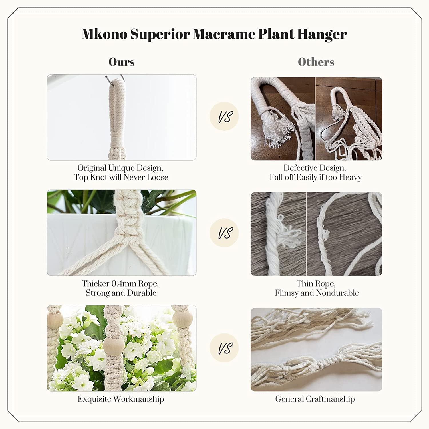 3 Pack  Plant Hangers with Pots, 35"/29"/23" Indoor Different Size Hanging Planter Basket Flower Pot Holder with Saucers & Hooks No Tassels (Plastic Pots Included), Medium, Ivory