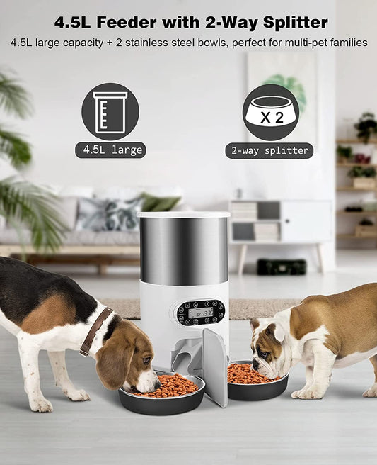Automatic Cat Feeders, 304 Stainless Steel Timed Cat  Dispenser for 2 Cats & Small Dog, 4.5L Pet Feeder with 2-Way Splitter, 1-4 Meals Portion Control,10S Voice Recorder, Dual Power Supply