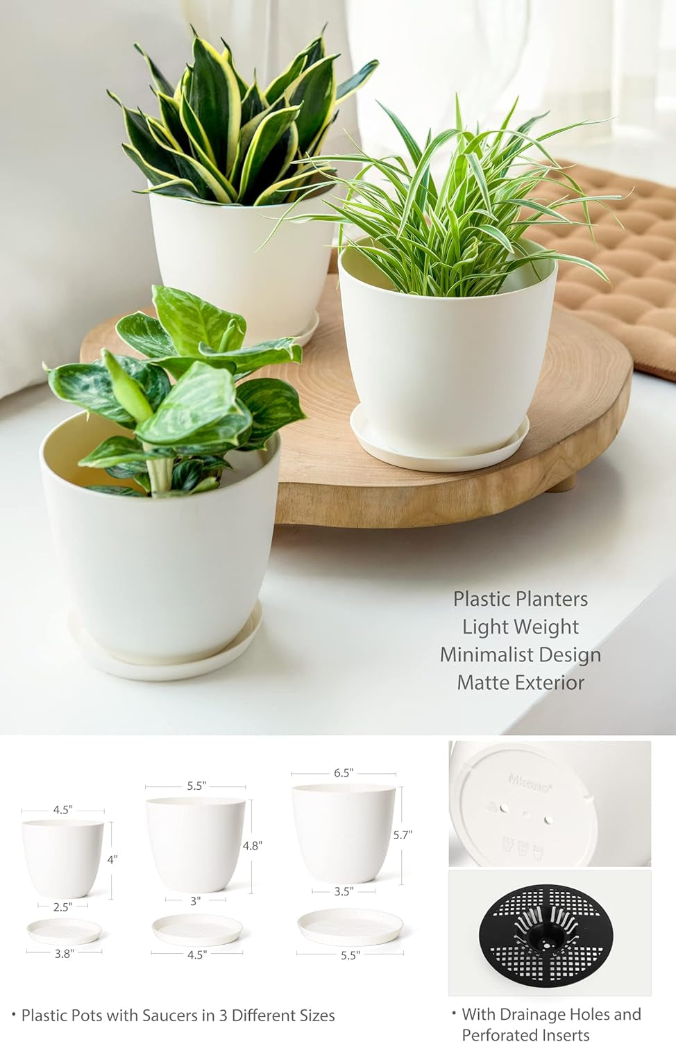 3 Pack  Plant Hangers with Pots, 35"/29"/23" Indoor Different Size Hanging Planter Basket Flower Pot Holder with Saucers & Hooks No Tassels (Plastic Pots Included), Medium, Ivory