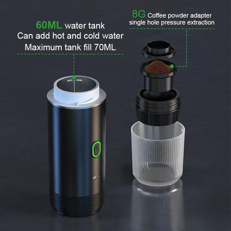 Wireless Electric Portable Espresso Coffee Machine for Car & Home Camping Coffee Maker 3-In-1 Capsule Powder  Coffee Maker