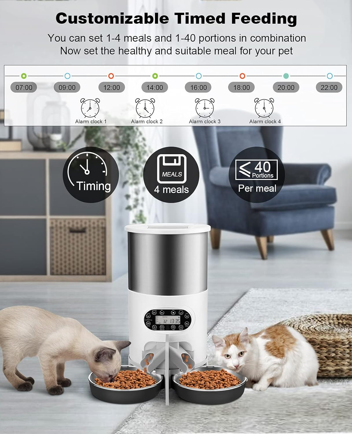 Automatic Cat Feeders, 304 Stainless Steel Timed Cat  Dispenser for 2 Cats & Small Dog, 4.5L Pet Feeder with 2-Way Splitter, 1-4 Meals Portion Control,10S Voice Recorder, Dual Power Supply