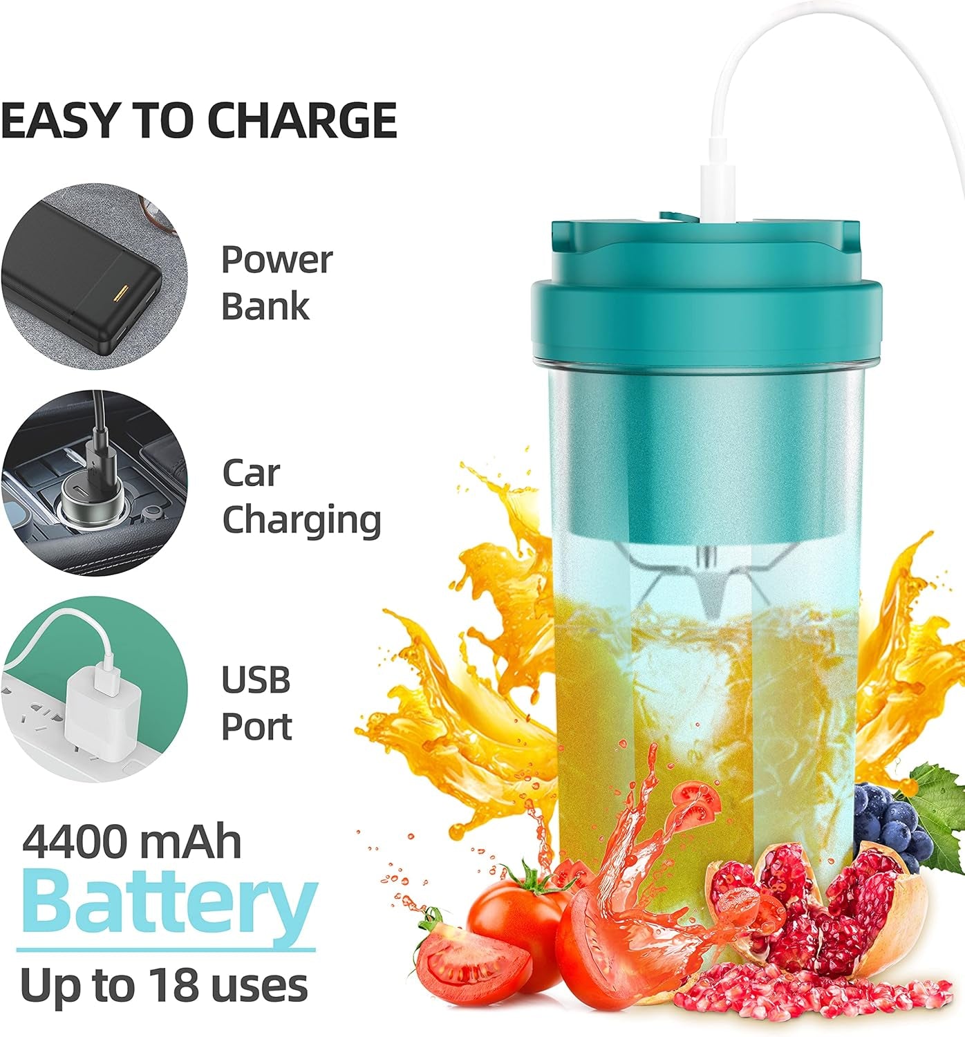 Portable Blender, Personal Blender for Shakes and Smoothies, Mini Blender USB Rechargeable and 6 Blades,19Oz/550Ml Fruit Juice Mixer, Juicer Cup for Sport  Office(Blue)
