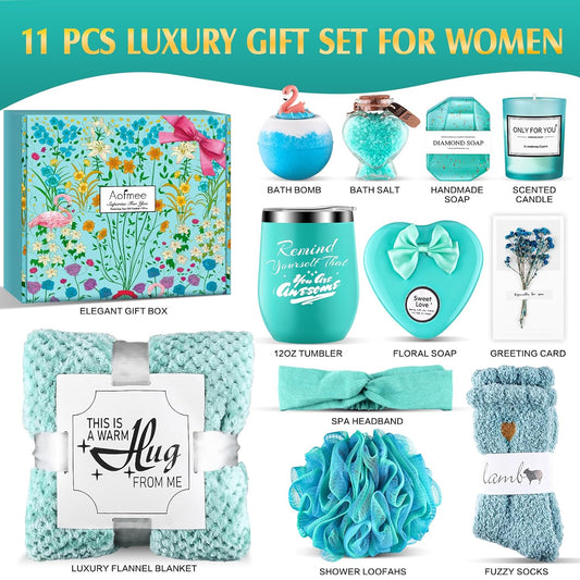 Birthday Gifts for Women, Thinking of You Gift Care Package with Luxury Flannel Blanket for Women Mom Her Wife Friends Sister, Blue Self Care Spa Relaxing Baskets for Christmas Valentines Mothers Day