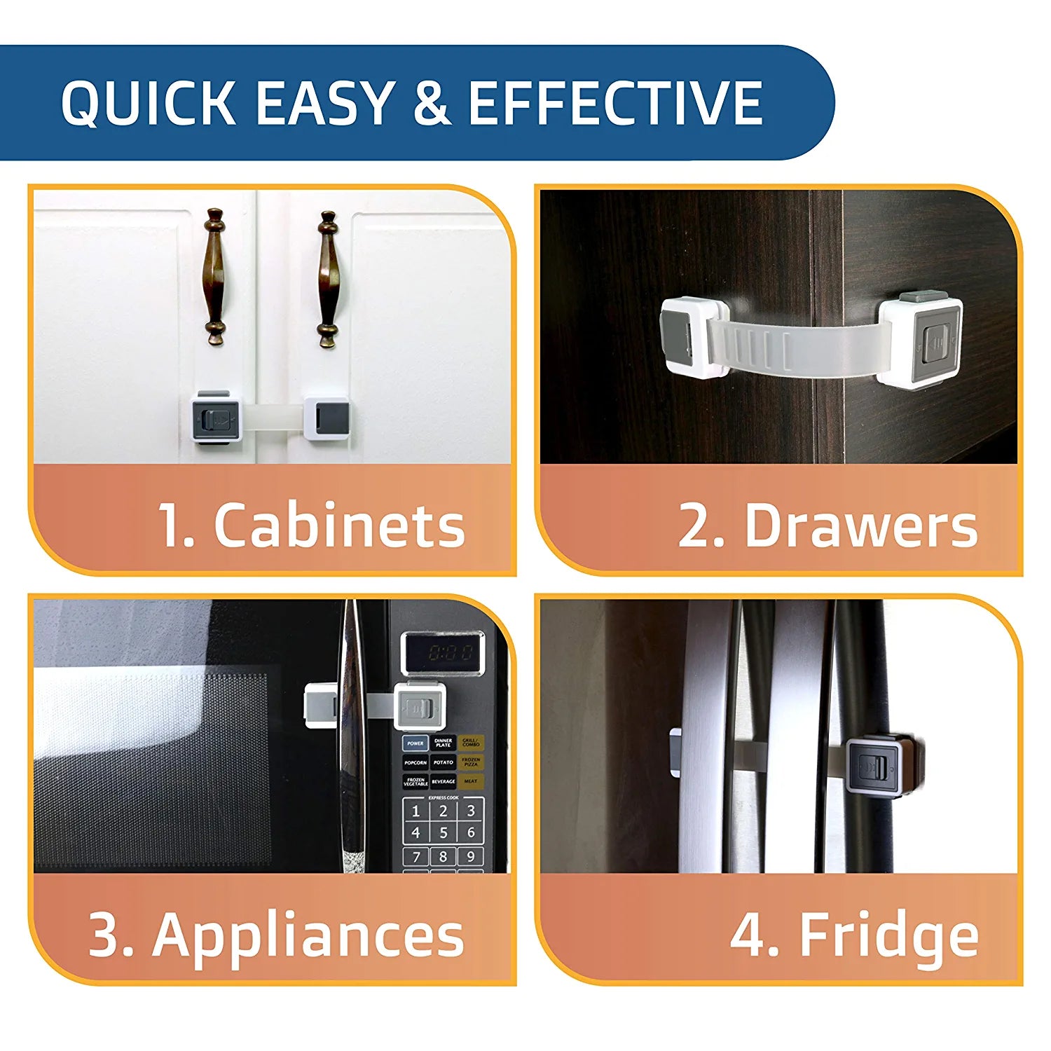 New Version Child Safety Locks 4-Pack. Baby Proof Cabinets, Drawers with Easy Adjustable Strap Length, Double Lock Option, Easier Latch for  to Open. Secure Oven, Refrigerator, Toilet, Doors