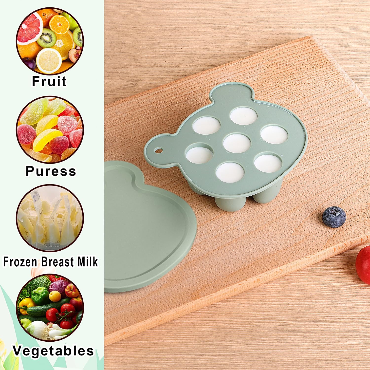 Baby Fruit  Feeder Breastmilk Popsicle Molds for Teething Relief - 3 Pack Feeding Sets - 1 Freezer Tray with Lid & 1 Teether Toy & 1 Silicone Pacifier + 3 Extra Sizes Infant Feed Mesh (Pea Green)