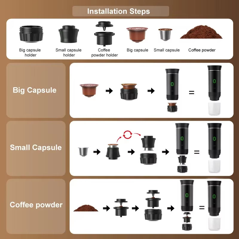 Wireless Electric Portable Espresso Coffee Machine for Car & Home Camping Coffee Maker 3-In-1 Capsule Powder  Coffee Maker