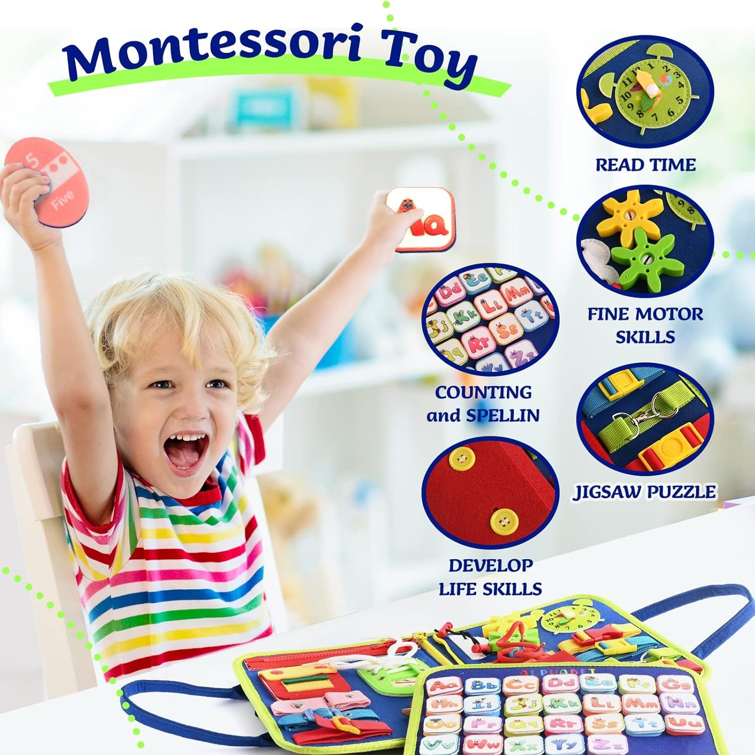 Montessori Busy Board | 1-4 Year Old Toddler Learning Toy |  Skills Development | Montessori Sensory Playset | Early Childhood Education Tool | Portable  Preschool Activity Kit
