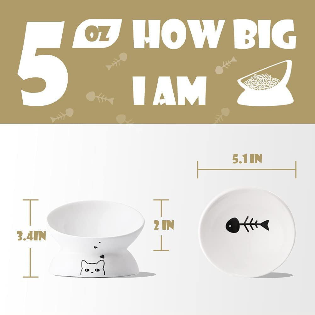 Ceramic Raised Cat Bowls, Slanted Cat Dish  or Water Bowls, Elevated Porcelain Pet Feeder Bowl Protect Cat'S Spine, Stress Free, Backflow Prevention (White)