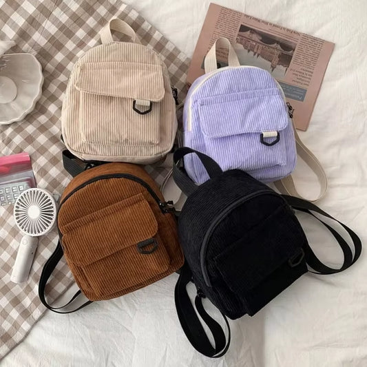 Minimalist and Versatile Striped Velvet Mini Backpack Students and Women for Leisure