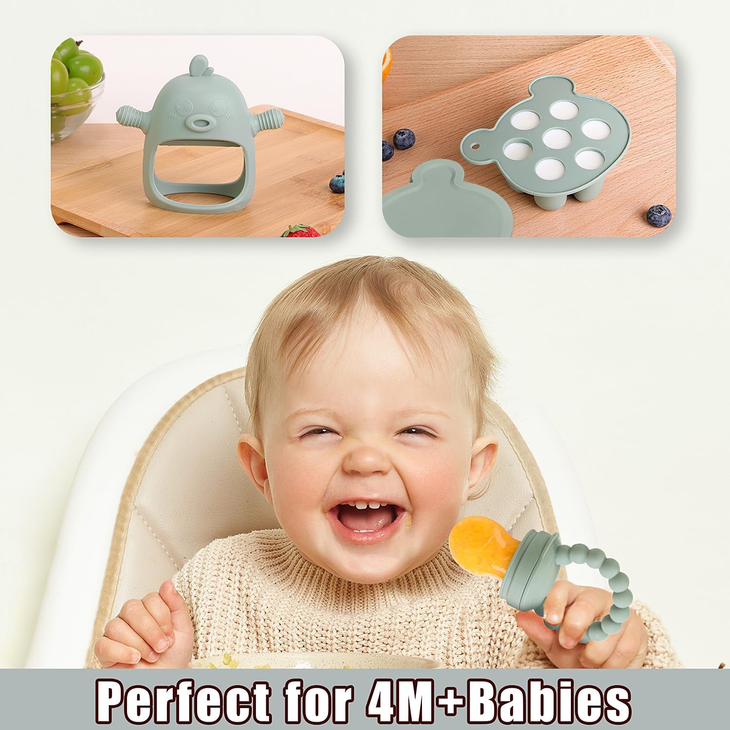 Baby Fruit  Feeder Breastmilk Popsicle Molds for Teething Relief - 3 Pack Feeding Sets - 1 Freezer Tray with Lid & 1 Teether Toy & 1 Silicone Pacifier + 3 Extra Sizes Infant Feed Mesh (Pea Green)
