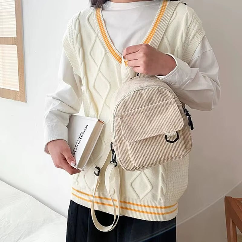 Minimalist and Versatile Striped Velvet Mini Backpack Students and Women for Leisure