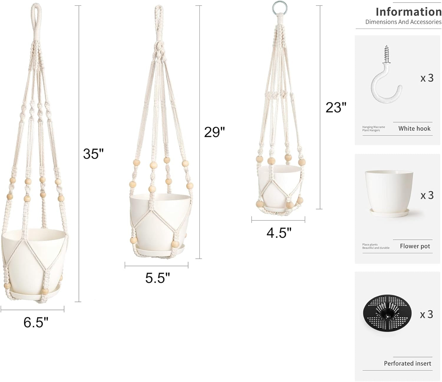 3 Pack  Plant Hangers with Pots, 35"/29"/23" Indoor Different Size Hanging Planter Basket Flower Pot Holder with Saucers & Hooks No Tassels (Plastic Pots Included), Medium, Ivory