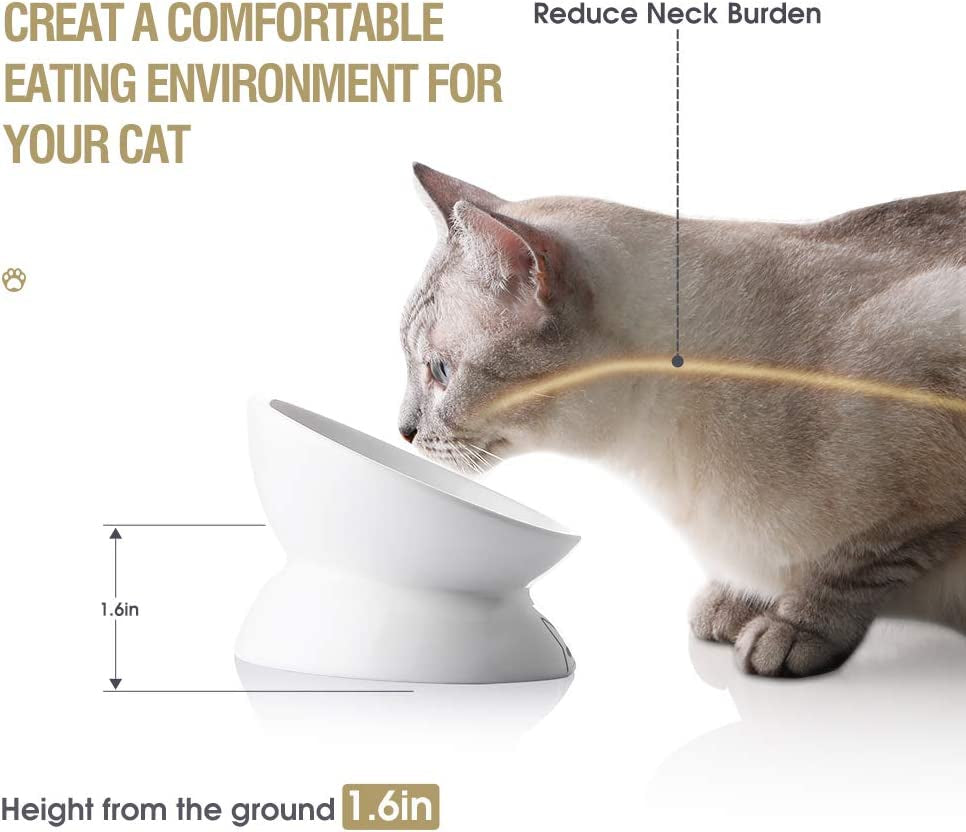 Ceramic Raised Cat Bowls, Slanted Cat Dish  or Water Bowls, Elevated Porcelain Pet Feeder Bowl Protect Cat'S Spine, Stress Free, Backflow Prevention (White)