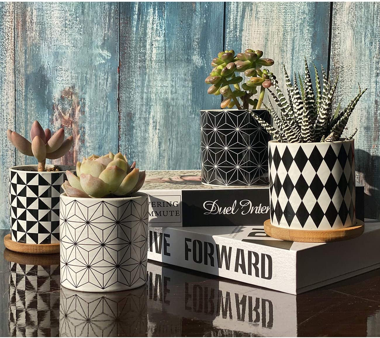 Succulent  Pots,Planter Pots Geometry Pots for  Flower Pots Indoor&Outdoor Ceramic  Pots for Cactus with Drain Hole and Bamboo Tray Set of 4