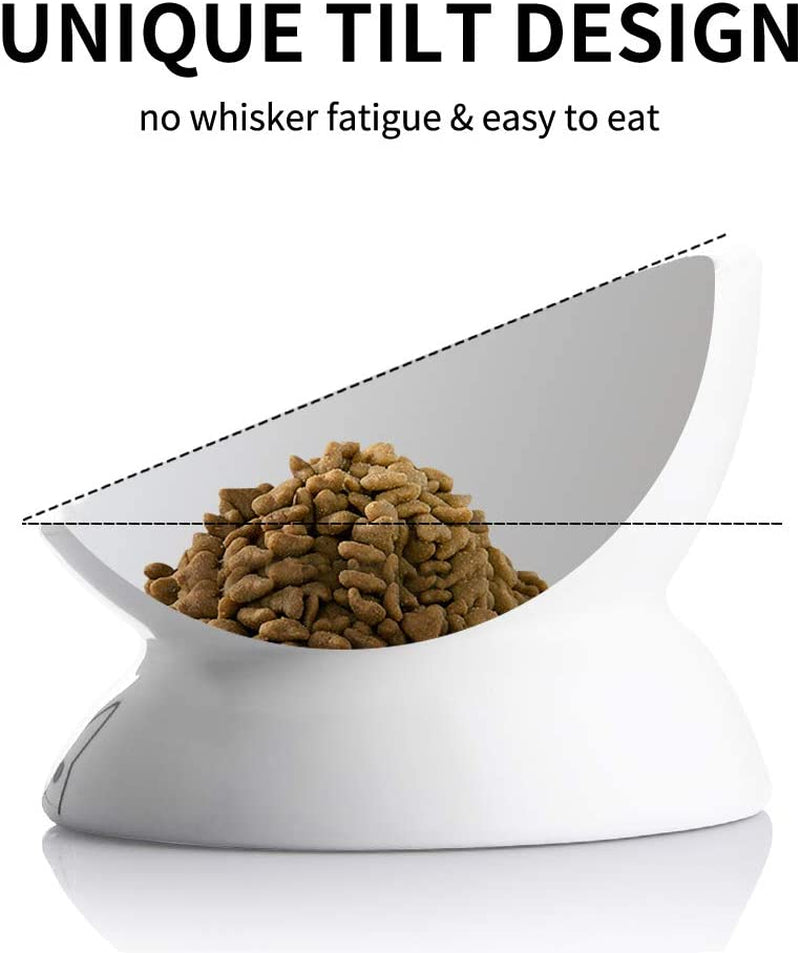 Ceramic Raised Cat Bowls, Slanted Cat Dish  or Water Bowls, Elevated Porcelain Pet Feeder Bowl Protect Cat'S Spine, Stress Free, Backflow Prevention (White)