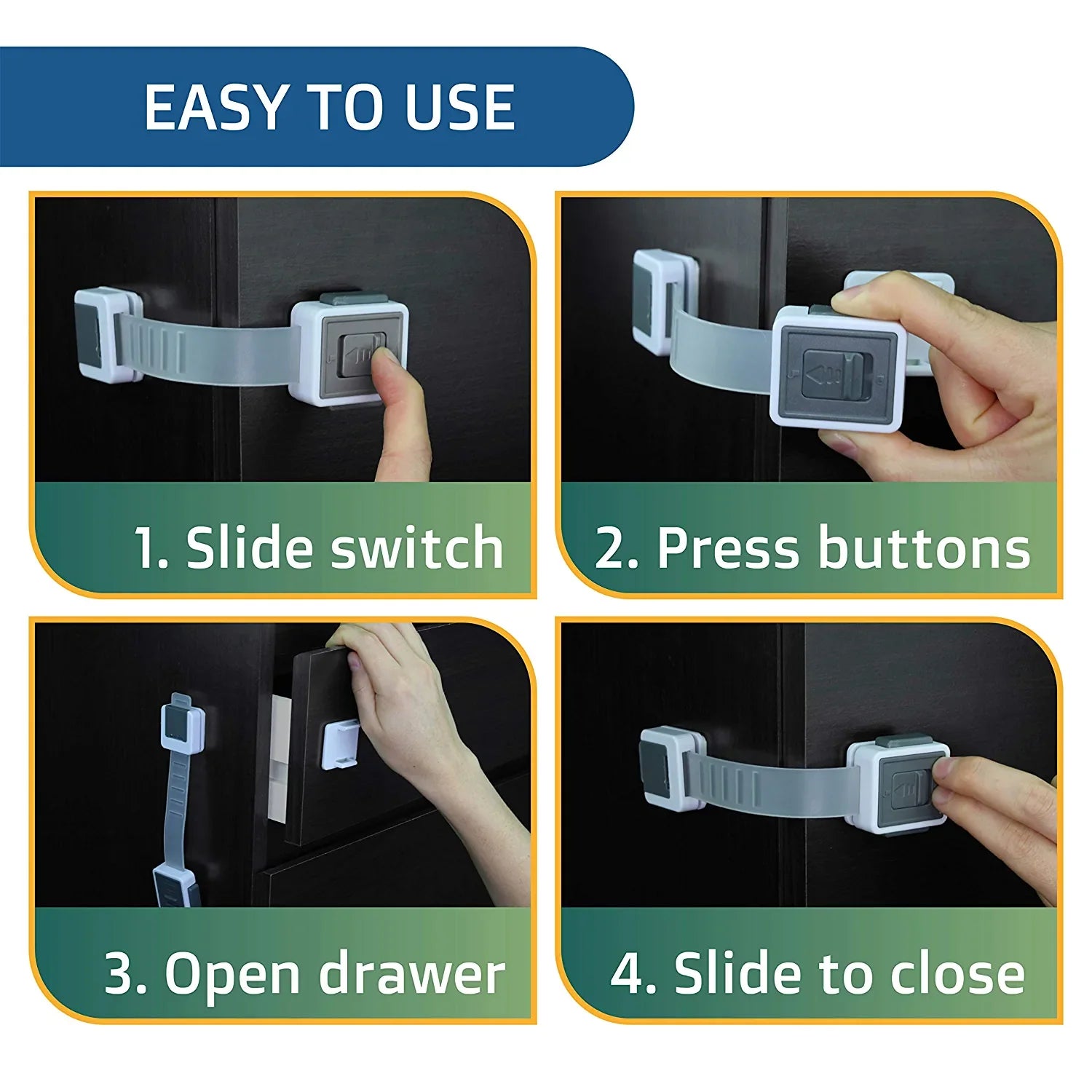 New Version Child Safety Locks 4-Pack. Baby Proof Cabinets, Drawers with Easy Adjustable Strap Length, Double Lock Option, Easier Latch for  to Open. Secure Oven, Refrigerator, Toilet, Doors