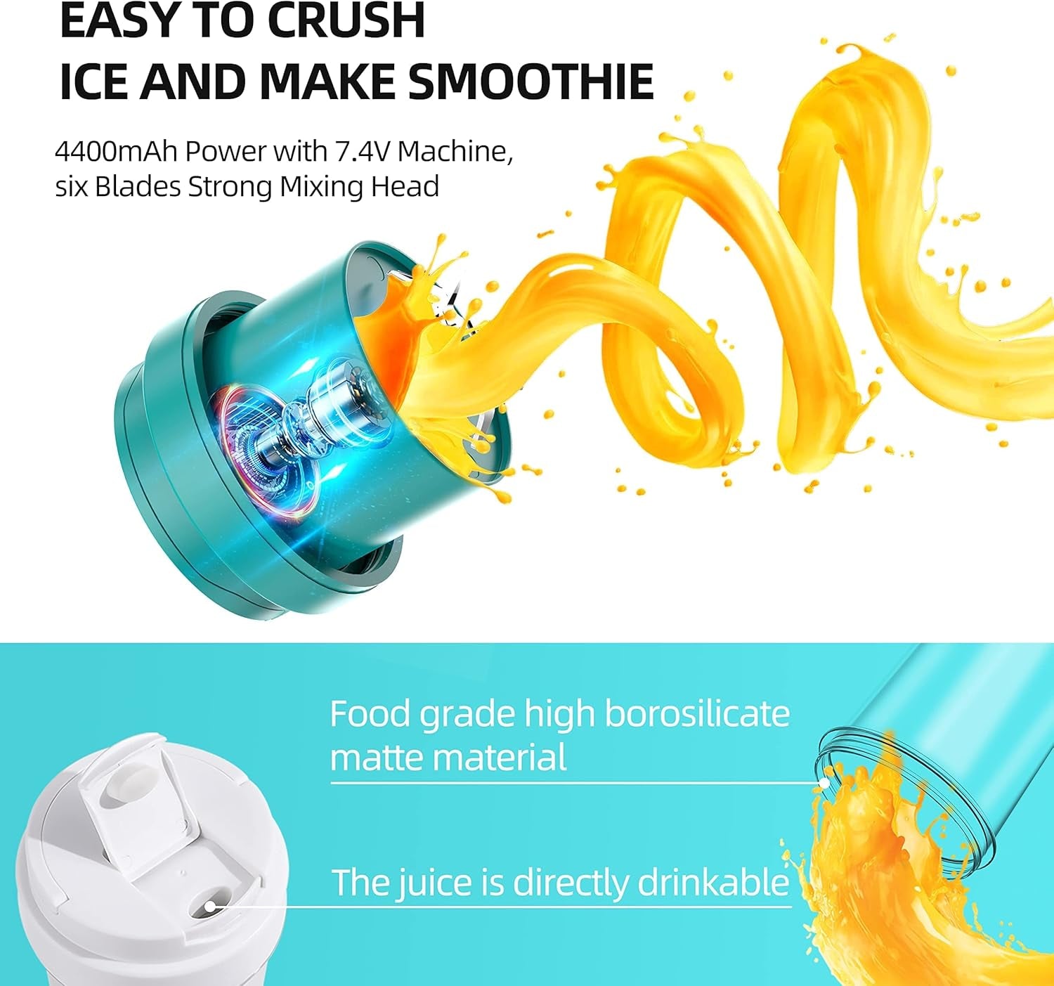 Portable Blender, Personal Blender for Shakes and Smoothies, Mini Blender USB Rechargeable and 6 Blades,19Oz/550Ml Fruit Juice Mixer, Juicer Cup for Sport  Office(Blue)