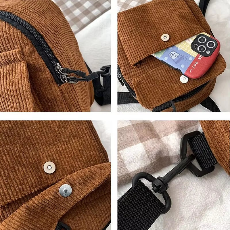 Minimalist and Versatile Striped Velvet Mini Backpack Students and Women for Leisure
