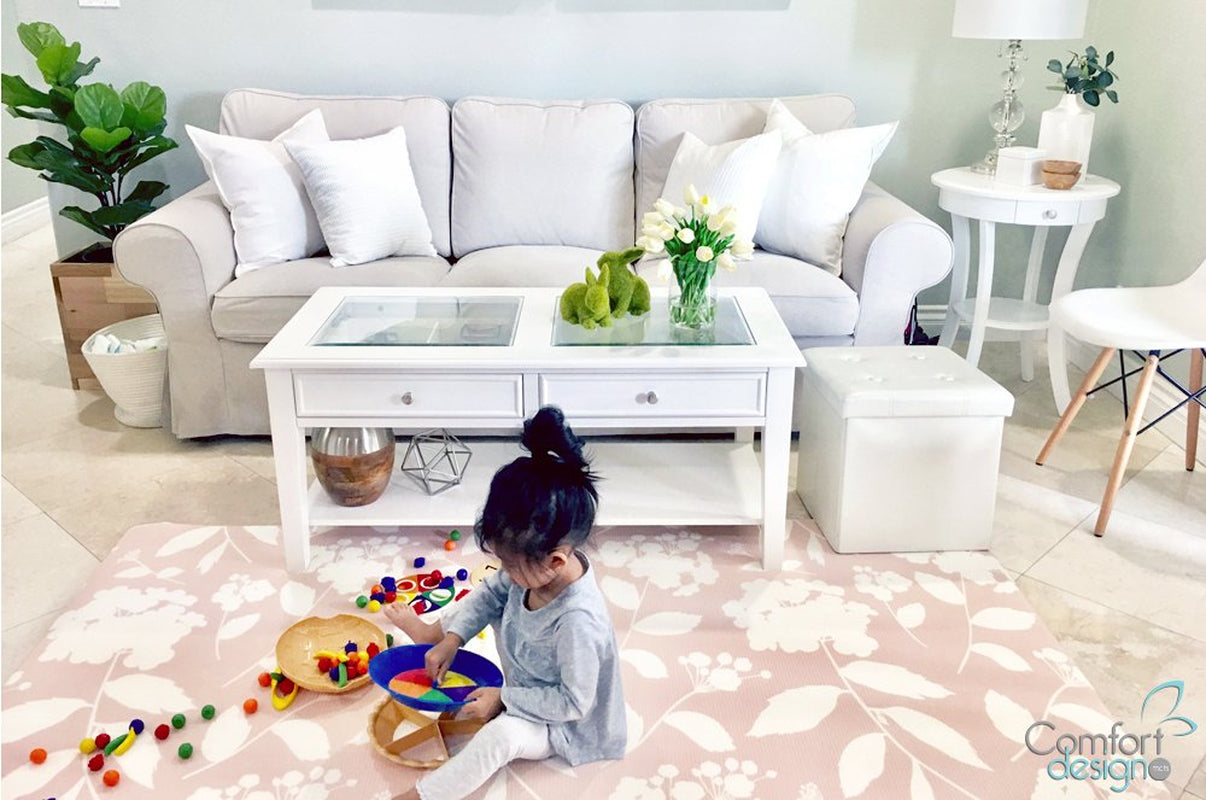 Premium Stylish Foam Floor Mat | Cushy-Soft & Thick | Waterproof, Easy-To-Clean, Hypoallergenic, Non-Toxic, Pet-Friendly, Portable | Baby Play Mat, Yoga, Exercise Mat - Large Blush Pink Garden Blossom
