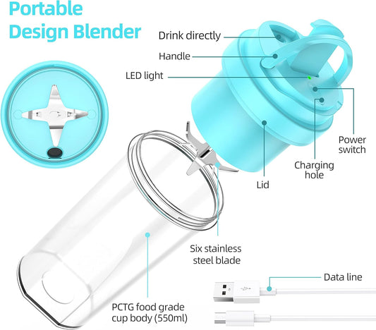 Portable Blender, Personal Blender for Shakes and Smoothies, Mini Blender USB Rechargeable and 6 Blades,19Oz/550Ml Fruit Juice Mixer, Juicer Cup for Sport  Office(Blue)