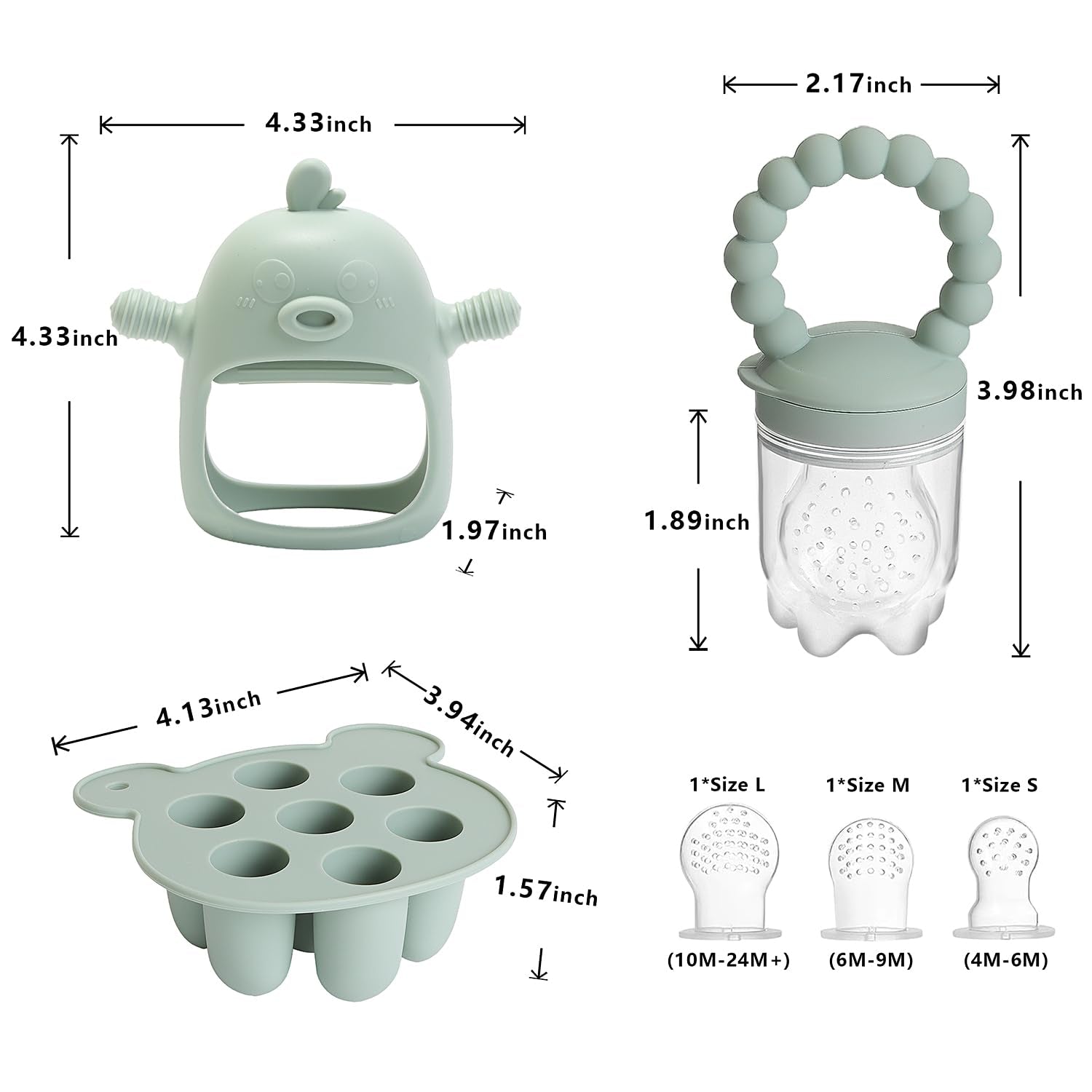 Baby Fruit  Feeder Breastmilk Popsicle Molds for Teething Relief - 3 Pack Feeding Sets - 1 Freezer Tray with Lid & 1 Teether Toy & 1 Silicone Pacifier + 3 Extra Sizes Infant Feed Mesh (Pea Green)