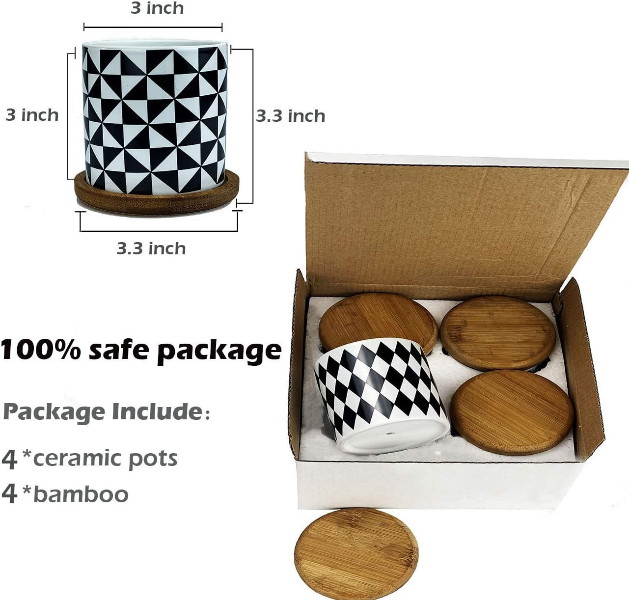 Succulent  Pots,Planter Pots Geometry Pots for  Flower Pots Indoor&Outdoor Ceramic  Pots for Cactus with Drain Hole and Bamboo Tray Set of 4