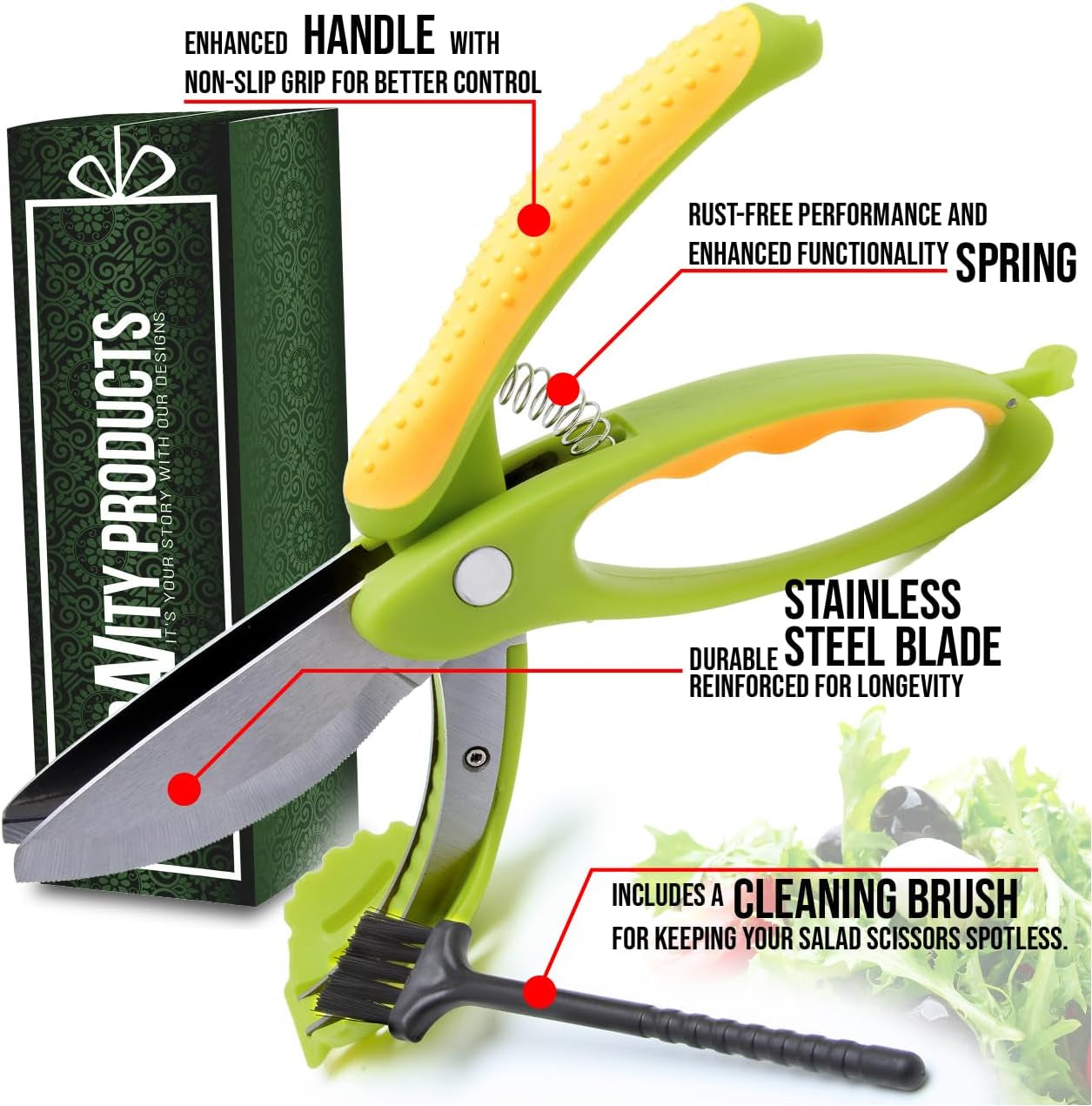 Salad Scissors - 2-In-1  Chopper and Kitchen Shears for Easy Salad Making, Vegetables, Meat & More - Ergonomic Handle, Stainless Steel Blades