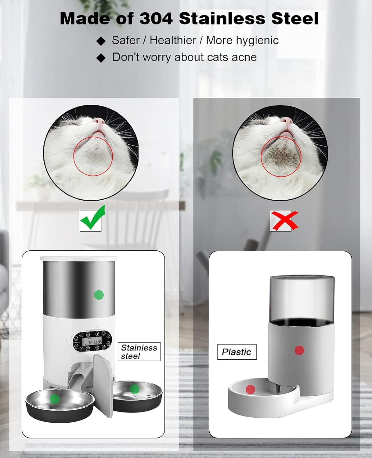 Automatic Cat Feeders, 304 Stainless Steel Timed Cat  Dispenser for 2 Cats & Small Dog, 4.5L Pet Feeder with 2-Way Splitter, 1-4 Meals Portion Control,10S Voice Recorder, Dual Power Supply