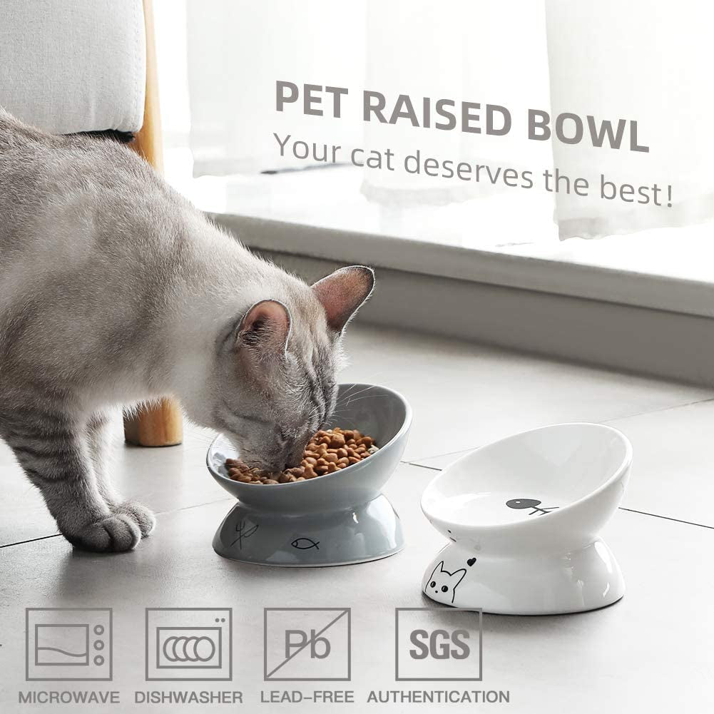 Ceramic Raised Cat Bowls, Slanted Cat Dish  or Water Bowls, Elevated Porcelain Pet Feeder Bowl Protect Cat'S Spine, Stress Free, Backflow Prevention (White)