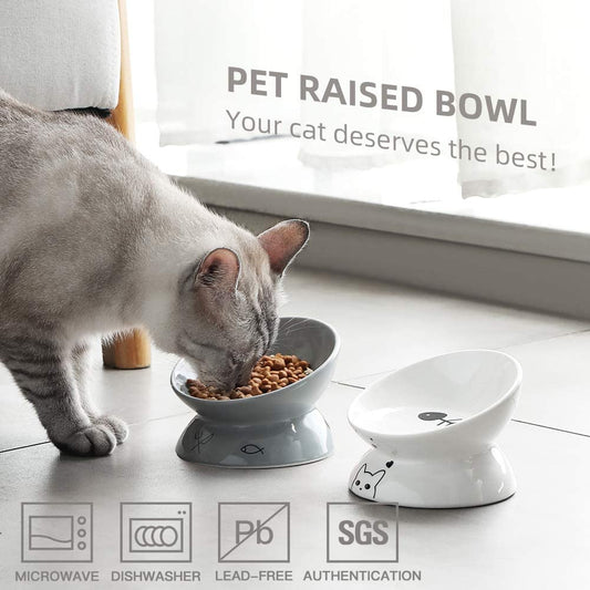Ceramic Raised Cat Bowls, Slanted Cat Dish  or Water Bowls, Elevated Porcelain Pet Feeder Bowl Protect Cat'S Spine, Stress Free, Backflow Prevention (White)