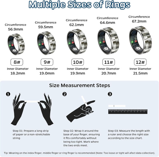 Smart Ring  Tracker, Sleep Tracker Ring with Heart Rate, Waterproof Fitness Ring for Activity Monitoring/Steps/Distance/Calories,Air Gestures,Up to 7Day Battery,For Ios Android(Stylish Silver#8)