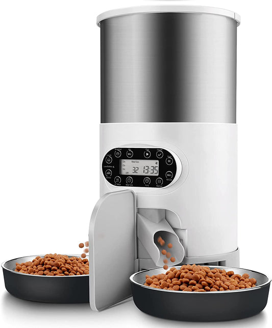 Automatic Cat Feeders, 304 Stainless Steel Timed Cat  Dispenser for 2 Cats & Small Dog, 4.5L Pet Feeder with 2-Way Splitter, 1-4 Meals Portion Control,10S Voice Recorder, Dual Power Supply