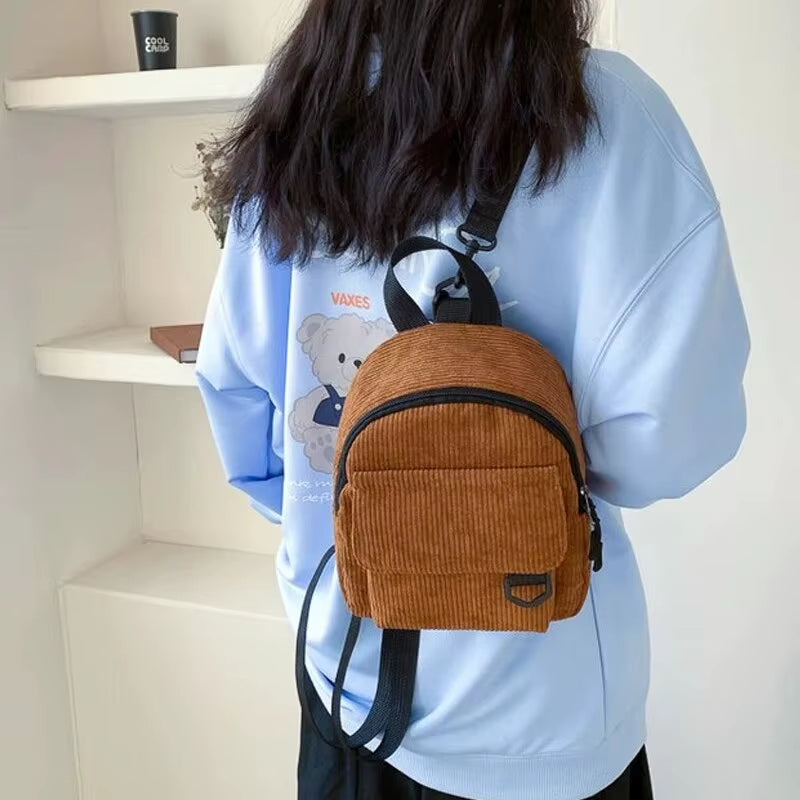 Minimalist and Versatile Striped Velvet Mini Backpack Students and Women for Leisure