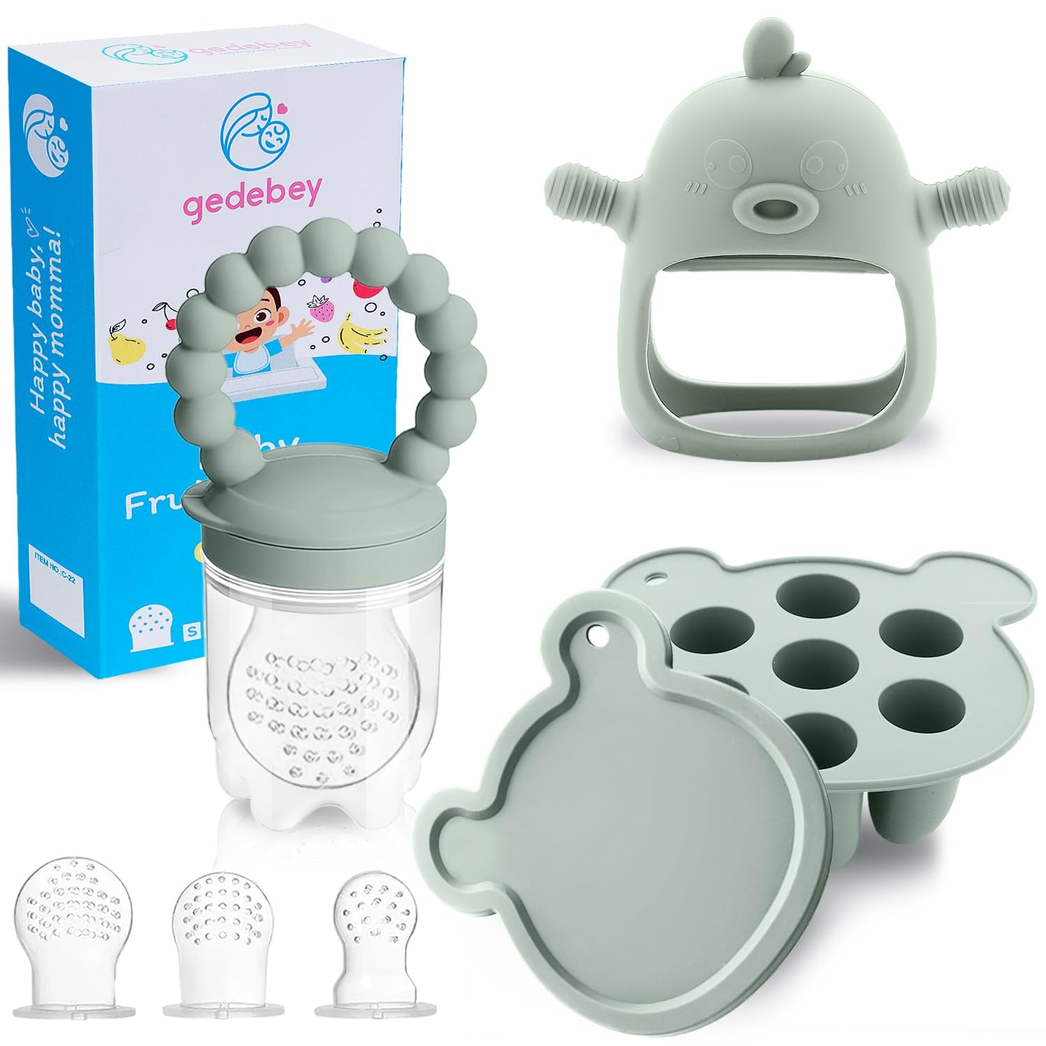 Baby Fruit  Feeder Breastmilk Popsicle Molds for Teething Relief - 3 Pack Feeding Sets - 1 Freezer Tray with Lid & 1 Teether Toy & 1 Silicone Pacifier + 3 Extra Sizes Infant Feed Mesh (Pea Green)