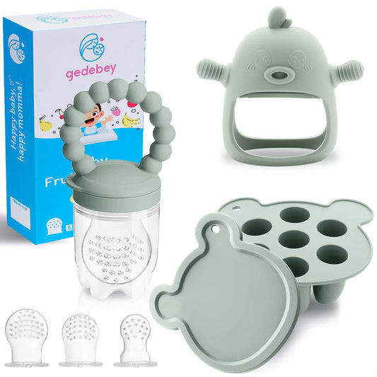 Baby Fruit  Feeder Breastmilk Popsicle Molds for Teething Relief - 3 Pack Feeding Sets - 1 Freezer Tray with Lid & 1 Teether Toy & 1 Silicone Pacifier + 3 Extra Sizes Infant Feed Mesh (Pea Green)