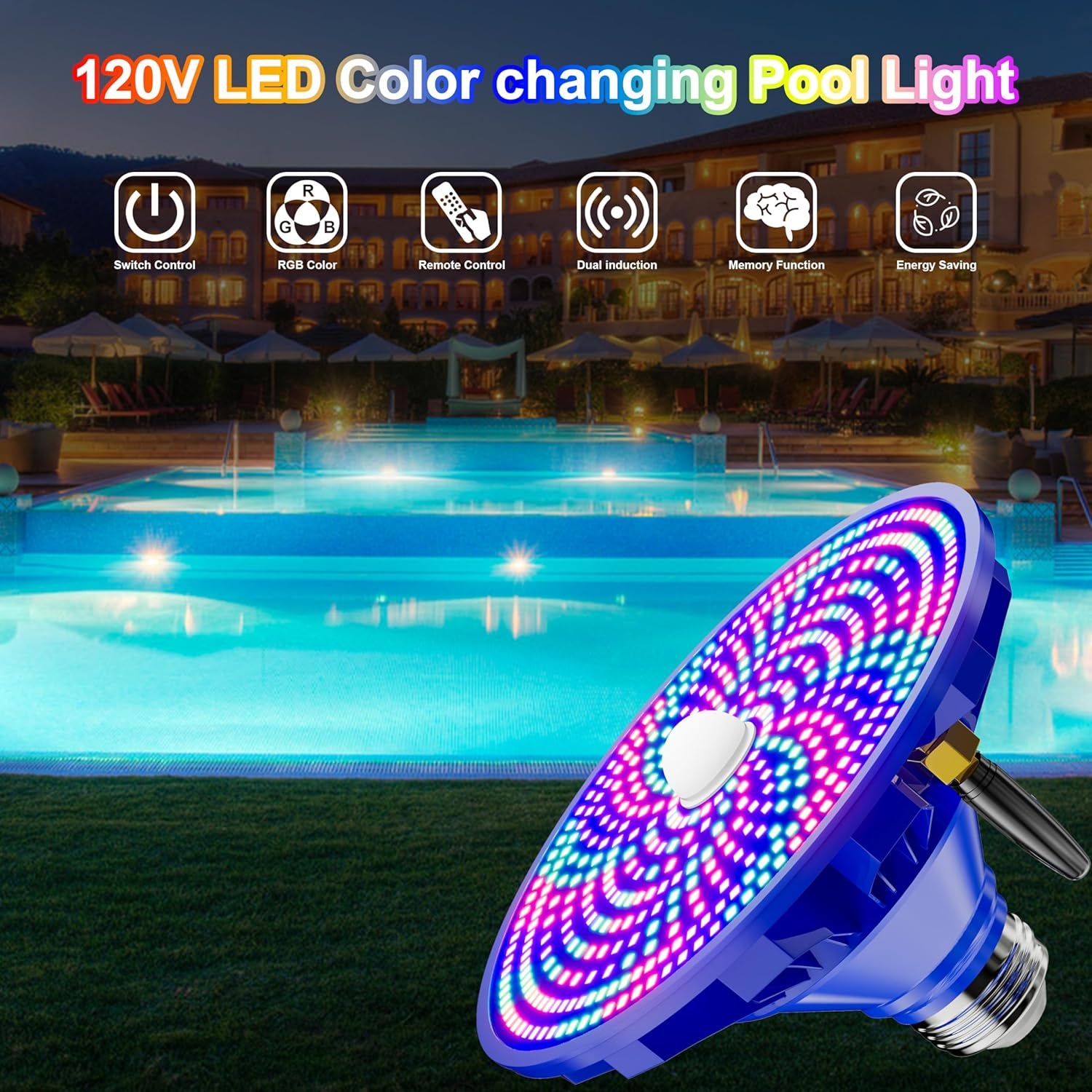 RGBW Pool Light Bulb for Inground Pools – 90W LED Swimming Pool Lights Bulb with 12 Color Modes, Adjustable Brightness & Speed, Remote Control, Energy Efficient, E26 Base